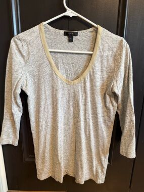 J. Crew Light Heather Gray Long Sleeve V-Neck Top with Tan Trim
